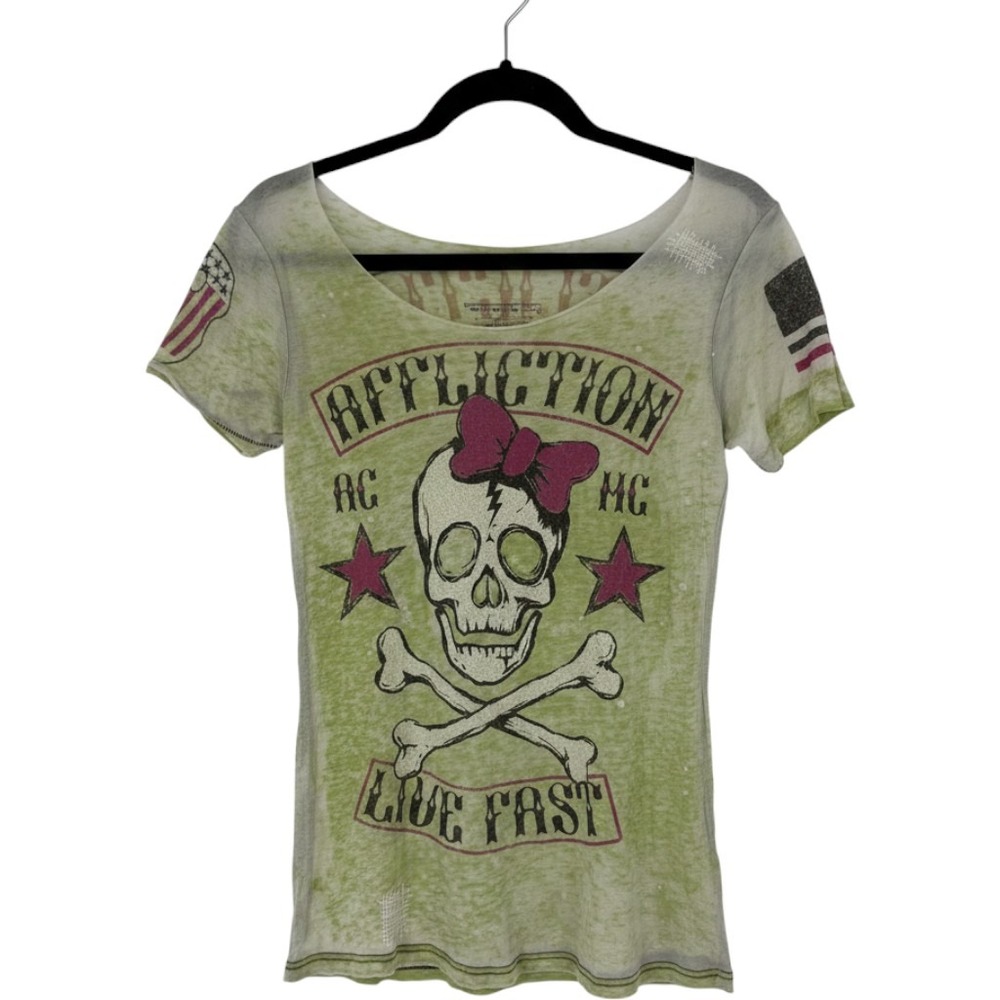 Affliction Graphic Tee Women Large Green Skull Crossbones Burnout Biker